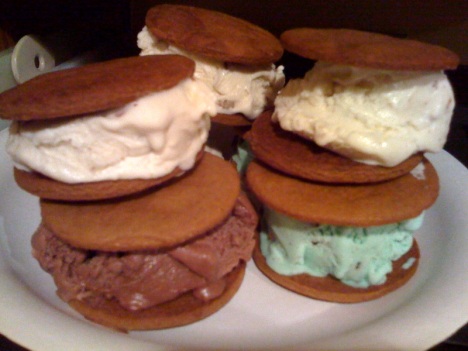 I made these ice cream sandwiches from molasses spice cookies and mint chocolate chip, butter pecan and chocolate ice creams. Click the Recipe Index tab for the recipe. 