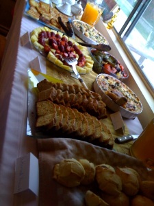 The buffet included quiches, bread platter, muffins, scones, fruit, grilled veggies and two decadent desserts (not pictured)